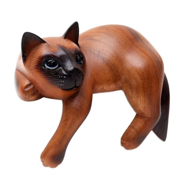 Alternate image for Hand Carved Wood Chocolate Siamese Cat Statuette Sweet Dreams