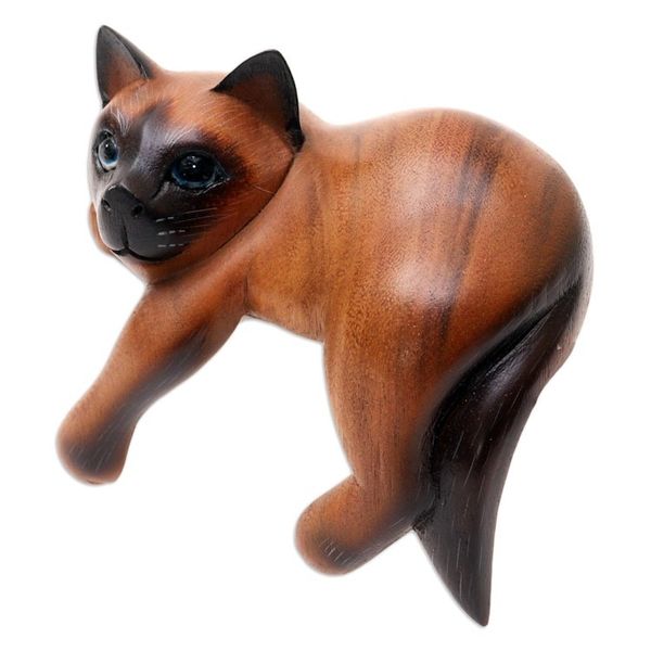 Alternate image for Hand Carved Wood Chocolate Siamese Cat Statuette Sweet Dreams