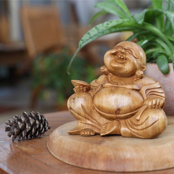 Alternate image for Suar Wood Sculpture of Laughing Buddha Hand-Carved in Bali Blissful Buddha