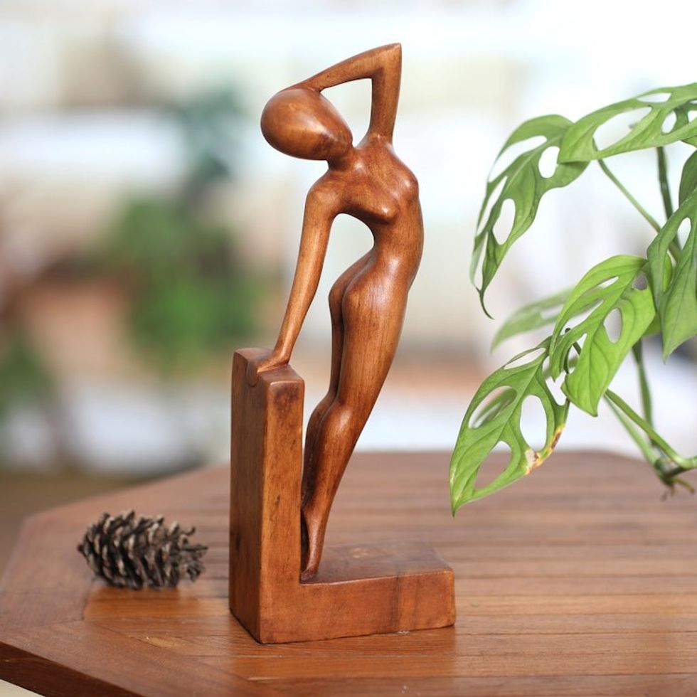 Handcrafted Brown Suar Wood Sculpture of a Female Figure 'Divine Silhouette'