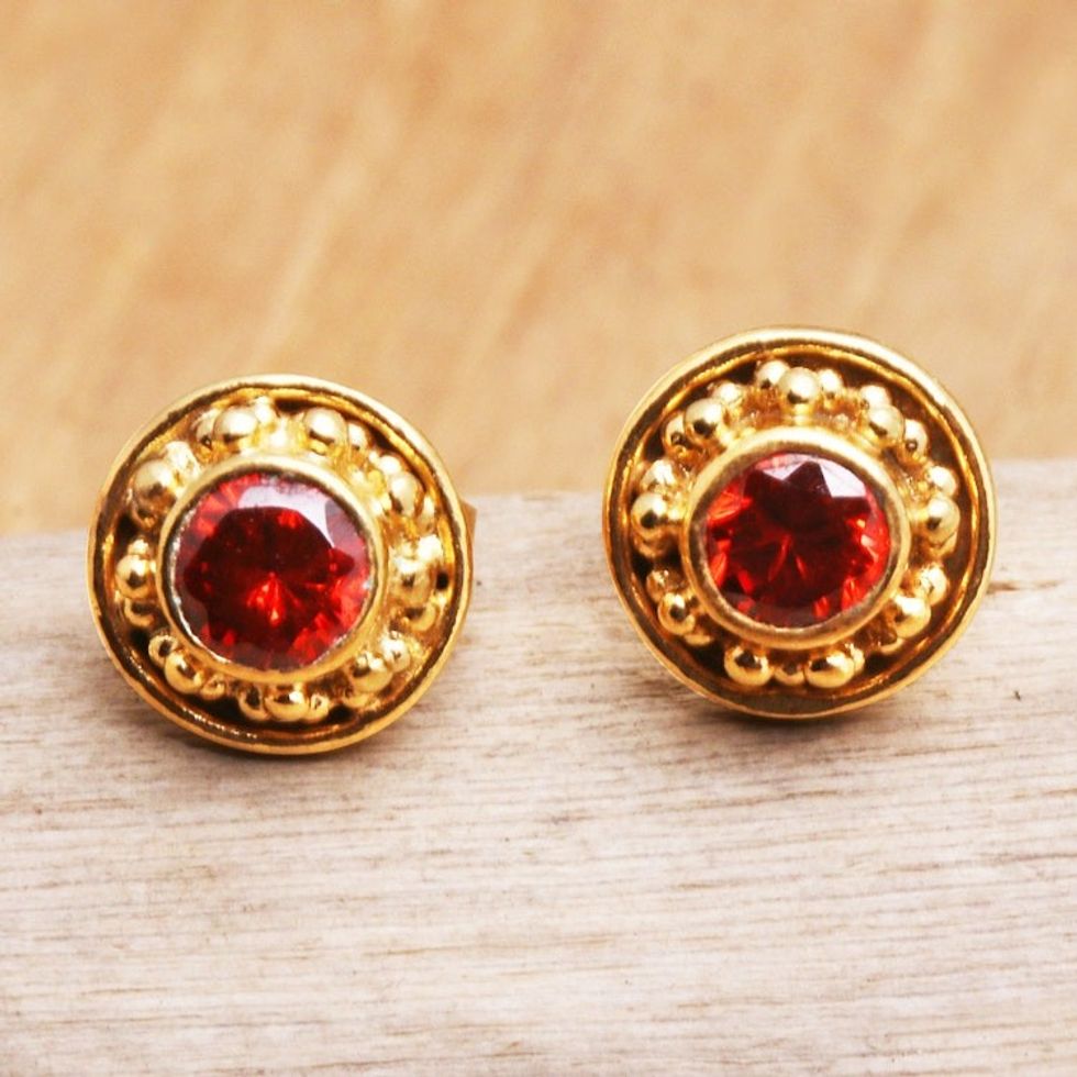 Gold-Plated Garnet Stud Earrings from Bali 'Balinese Offering'