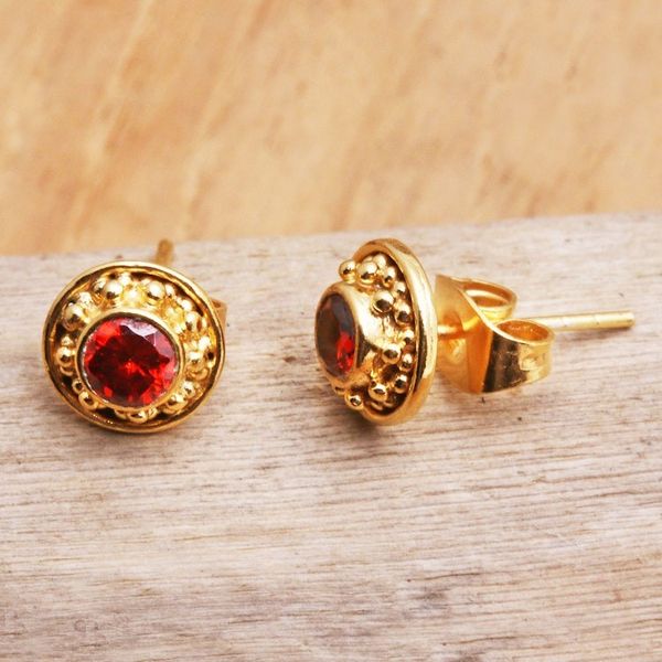 Alternate image for Gold-Plated Garnet Stud Earrings from Bali Balinese Offering