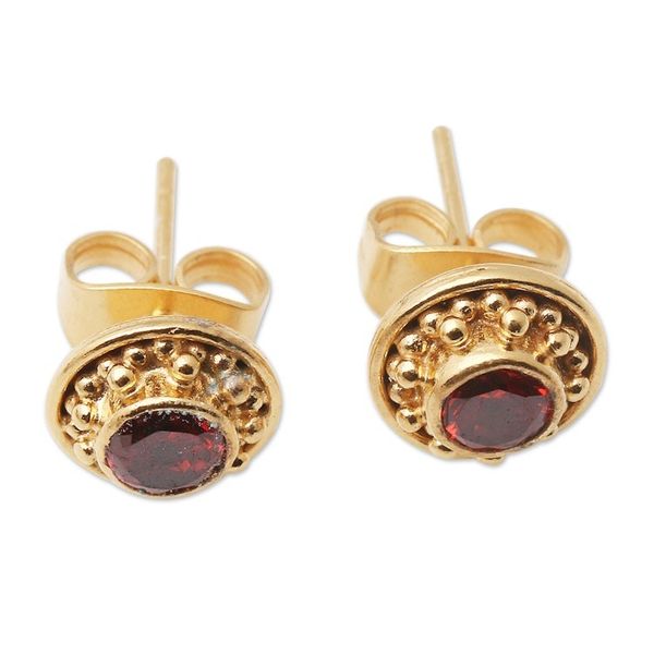 Alternate image for Gold-Plated Garnet Stud Earrings from Bali Balinese Offering