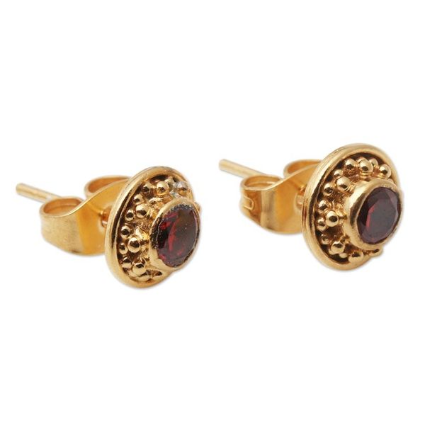 Alternate image for Gold-Plated Garnet Stud Earrings from Bali Balinese Offering