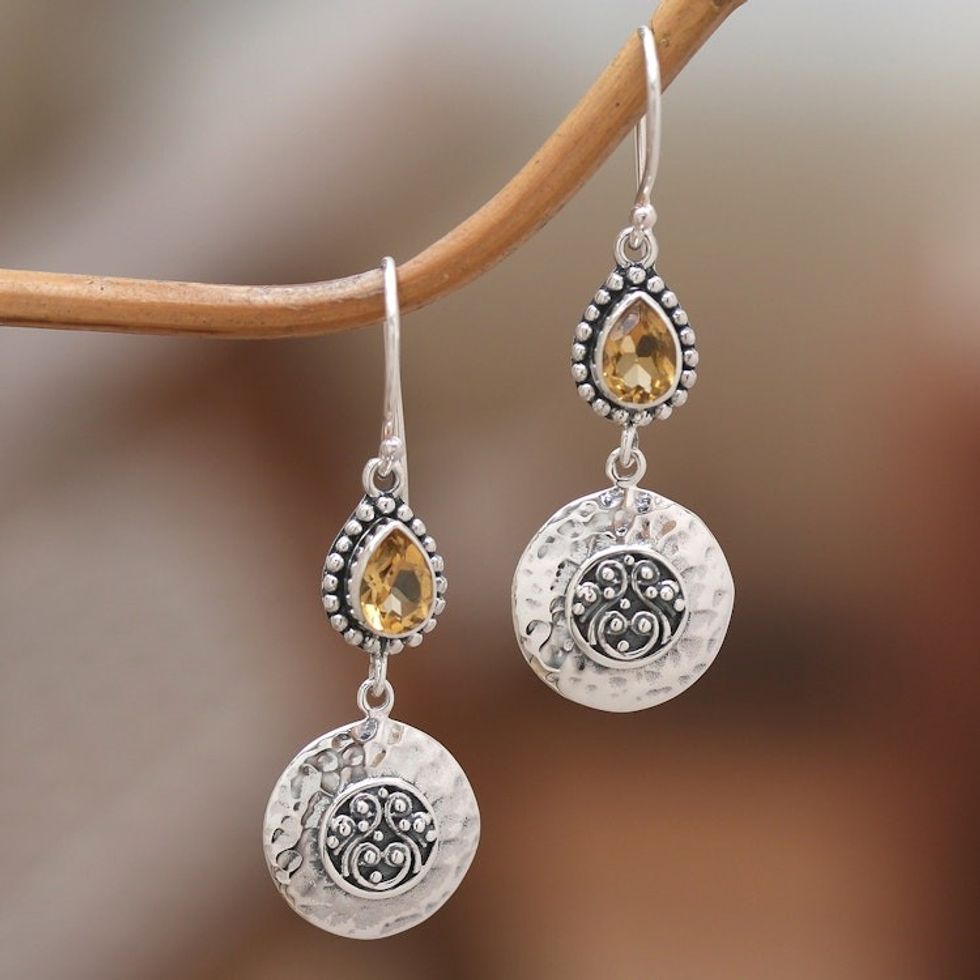 Textured Sterling Silver Pear-Shaped Citrine Dangle Earrings 'Bali Yellow Paradise'