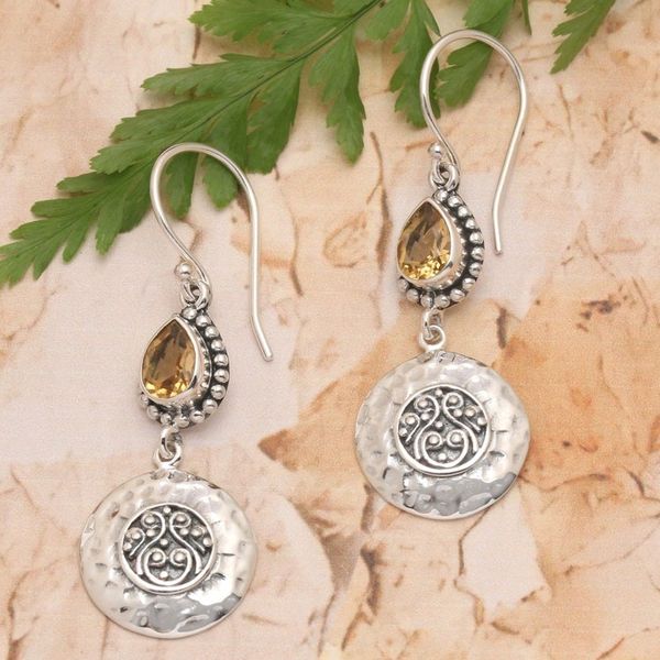 Alternate image for Textured Sterling Silver Pear-Shaped Citrine Dangle Earrings Bali Yellow Paradise