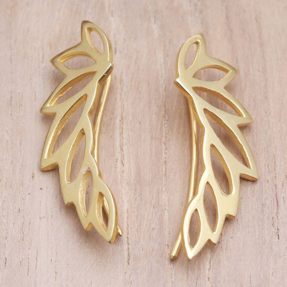 Gold-Plated Ear Climber Earrings with Leaf Motif 'Climbing Leaves'