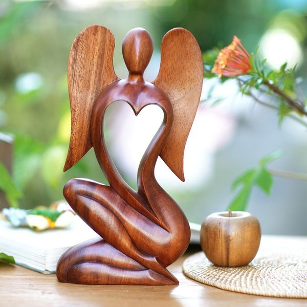 Alternate image for Hand Carved Suar Wood Angel Sculpture Angelic Rhythm