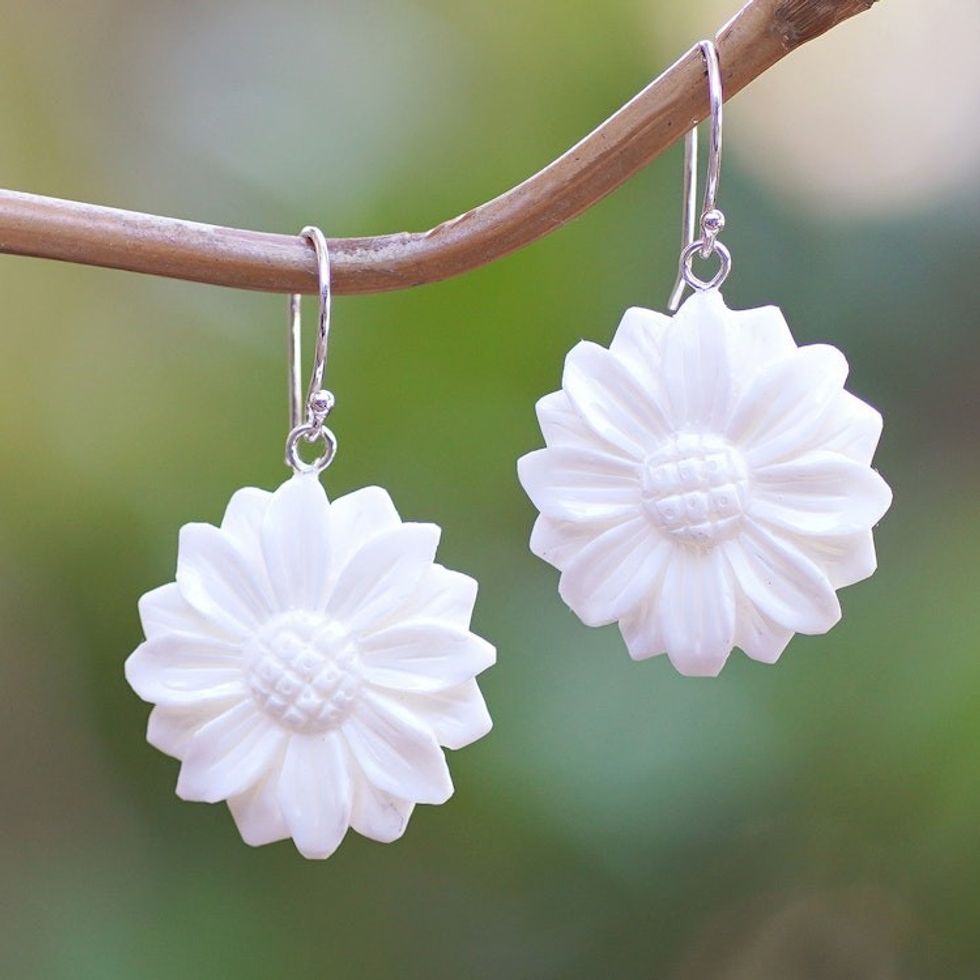 Hand-Carved Sunflower-Shaped Dangle Earrings 'Snowy Sunflower'