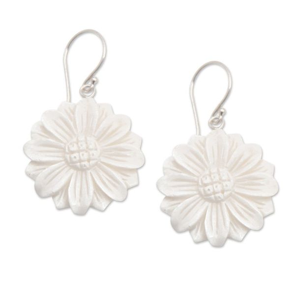 Alternate image for Hand-Carved Sunflower-Shaped Dangle Earrings Snowy Sunflower