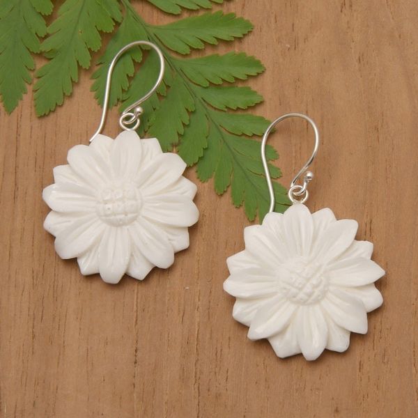 Alternate image for Hand-Carved Sunflower-Shaped Dangle Earrings Snowy Sunflower