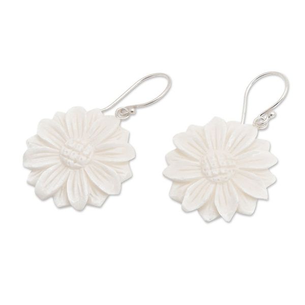 Alternate image for Hand-Carved Sunflower-Shaped Dangle Earrings Snowy Sunflower