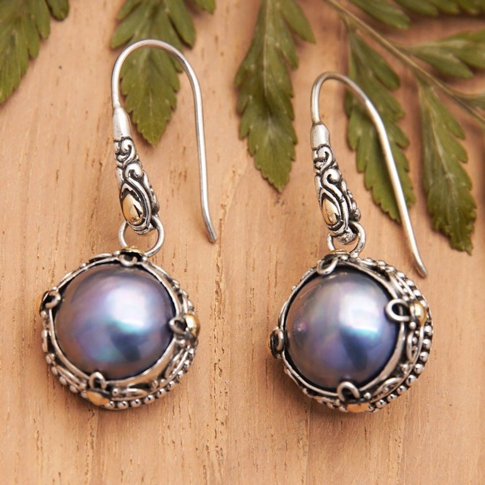 Silver Cultured Mabe Pearl Dangle Earrings with Gold Accent 'Night Dew'