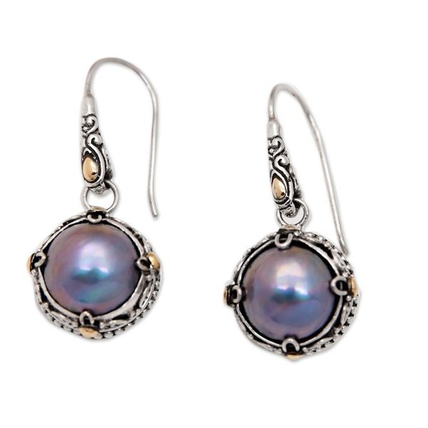 Alternate image for Silver Cultured Mabe Pearl Dangle Earrings with Gold Accent Night Dew