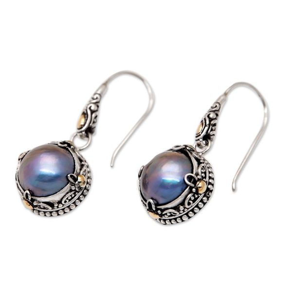 Alternate image for Silver Cultured Mabe Pearl Dangle Earrings with Gold Accent Night Dew