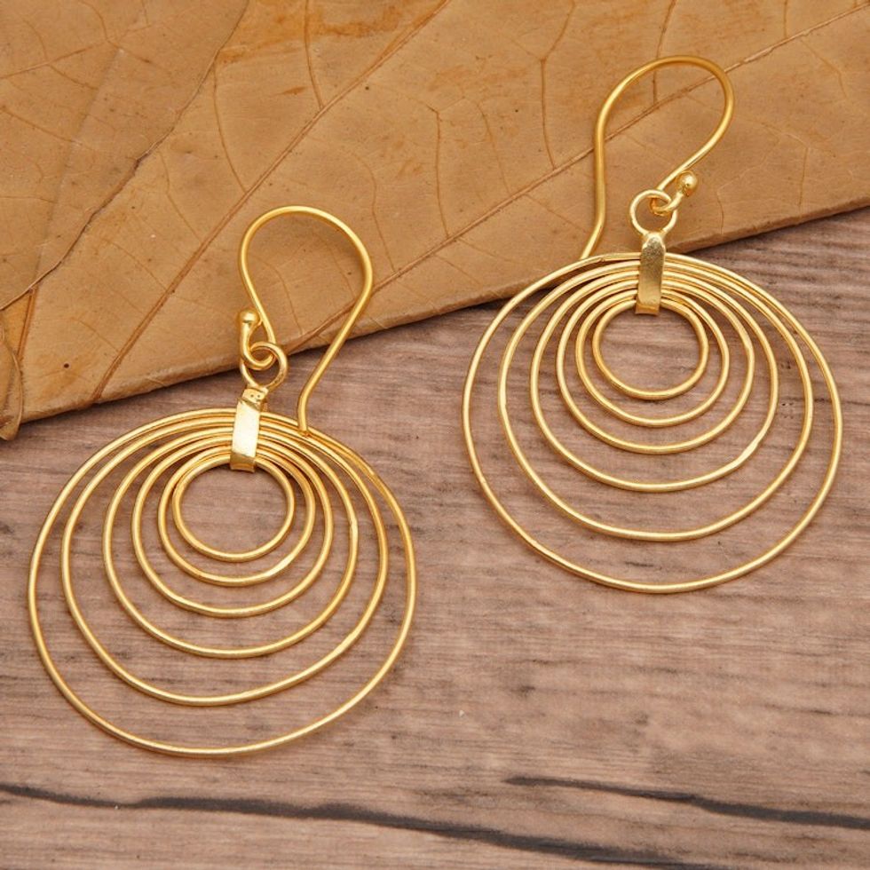 Abstract Round 18k Gold-Plated Brass Dangle Earrings 'Triumphant Orbits'