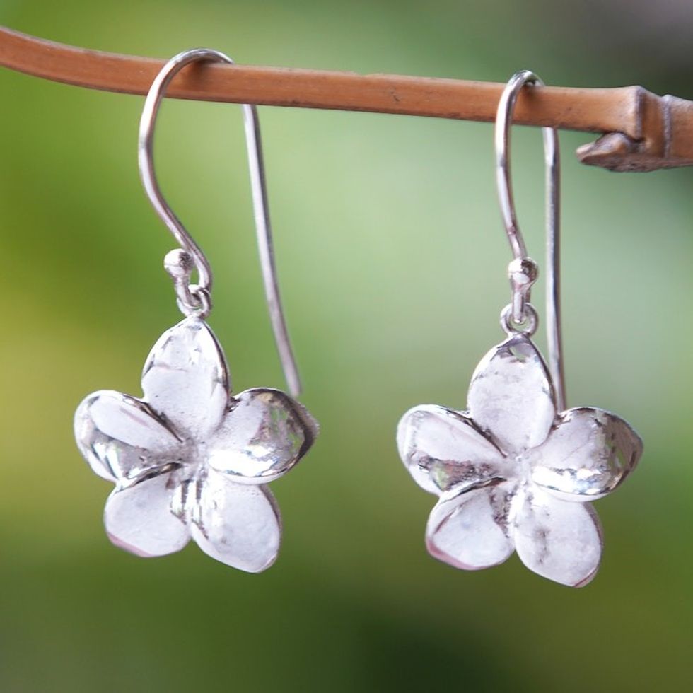 Polished Sterling Silver Floral Dangle Earrings from Bali 'Ethereal Frangipani'