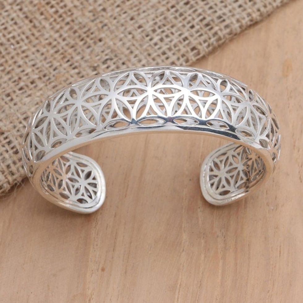 Openwork Sterling Silver Cuff Bracelet from Bali 'Sparkling Lotus'