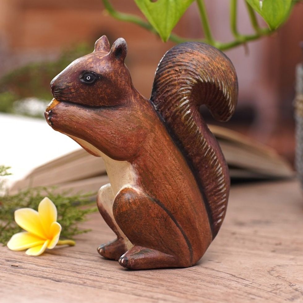 Hand-Carved Jempinis Wood Squirrel Statuette Painted in Bali 'Fluffy Energy'