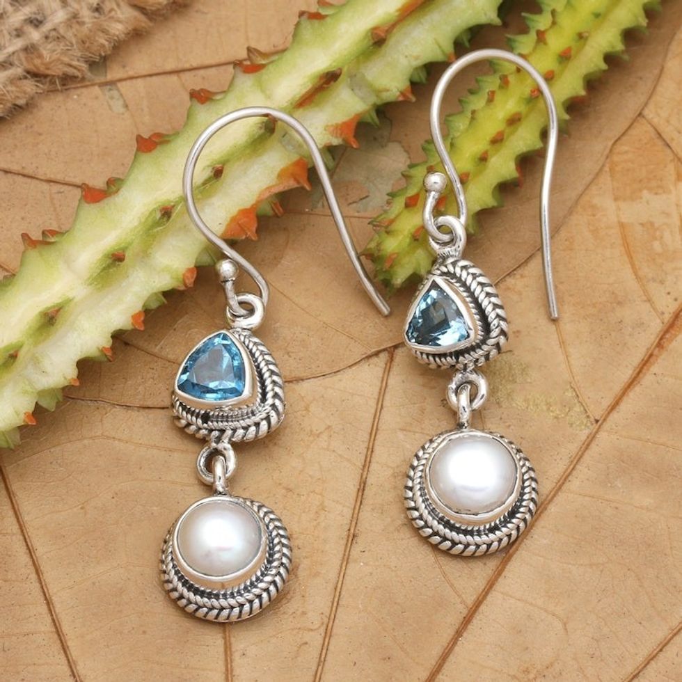One-Carat Topaz and White Pearl Dangle Earrings from Bali 'Ocean Waters'