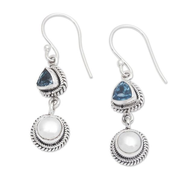 Alternate image for One-Carat Topaz and White Pearl Dangle Earrings from Bali Ocean Waters