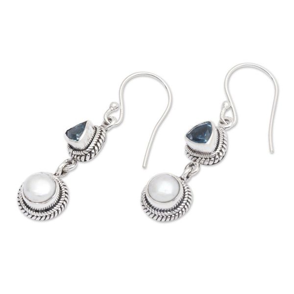 Alternate image for One-Carat Topaz and White Pearl Dangle Earrings from Bali Ocean Waters