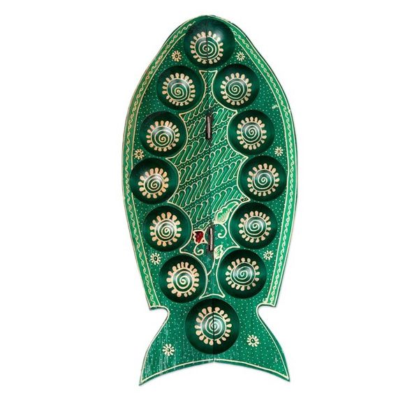 Alternate image for Foldable Fish-Shaped Batik Wood Mancala Board Game Set Swimming Tilapia