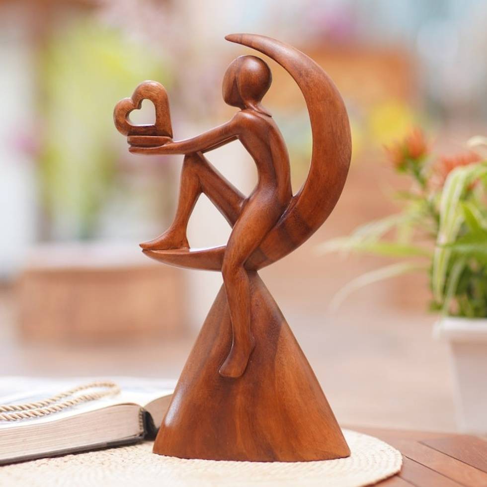 Suar Wood Figure Sculpture with Heart Motif 'A Father's Hope'