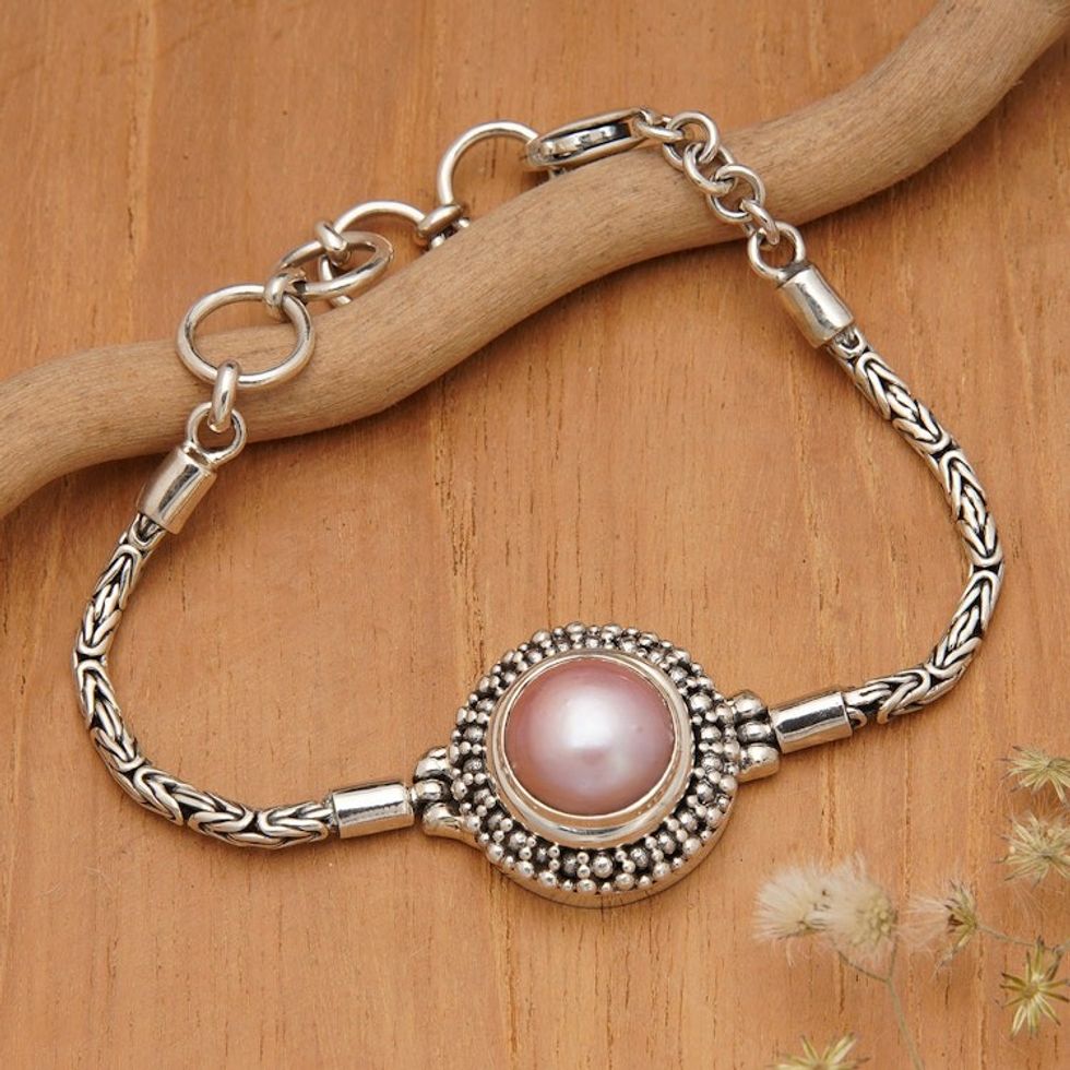 Classic Sterling Silver Pink Cultured Pearl Pendant Bracelet 'Forever Sweet'