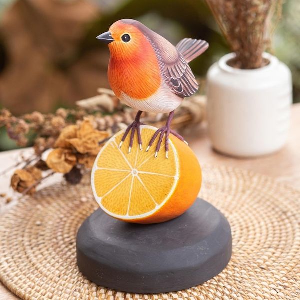 Alternate image for Teak Suar Wood Bird Statuette Carved and Painted by Hand Robin With Orange