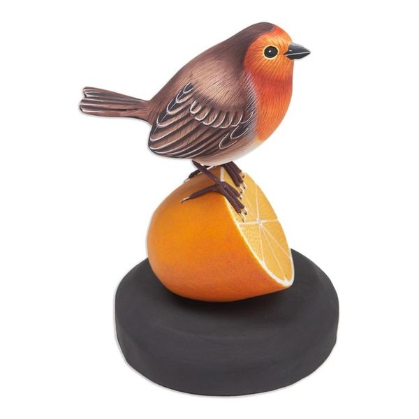 Alternate image for Teak Suar Wood Bird Statuette Carved and Painted by Hand Robin With Orange