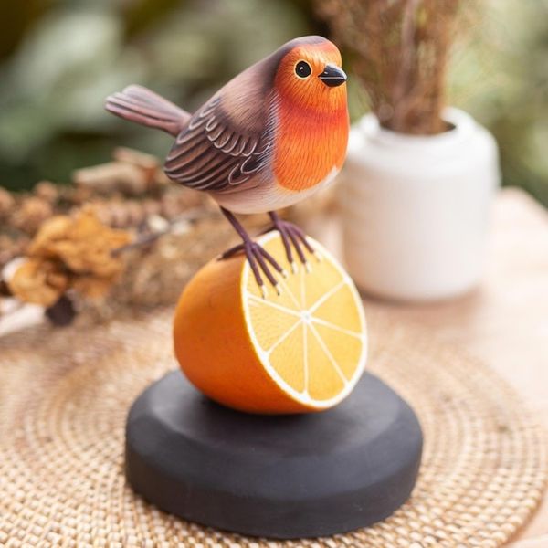 Alternate image for Teak Suar Wood Bird Statuette Carved and Painted by Hand Robin With Orange