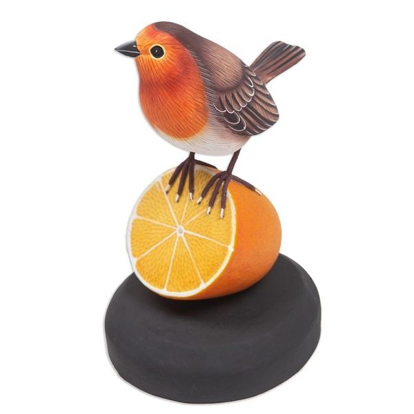 Alternate image for Teak Suar Wood Bird Statuette Carved and Painted by Hand Robin With Orange