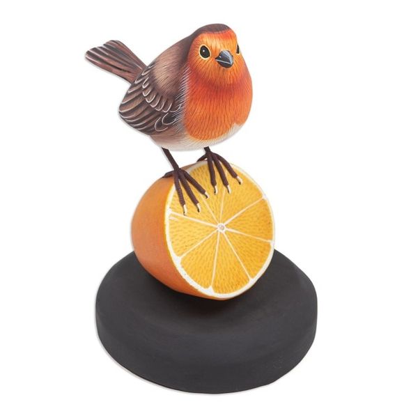 Alternate image for Teak Suar Wood Bird Statuette Carved and Painted by Hand Robin With Orange