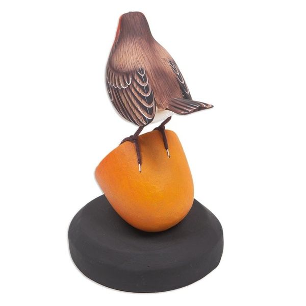 Alternate image for Teak Suar Wood Bird Statuette Carved and Painted by Hand Robin With Orange