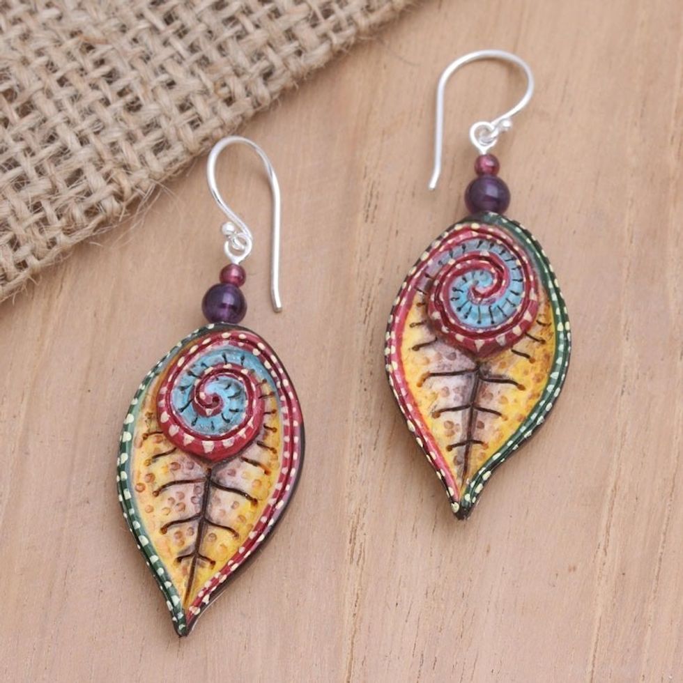 Hand-Painted Amethyst and Garnet Dangle Earrings 'Marine Park'