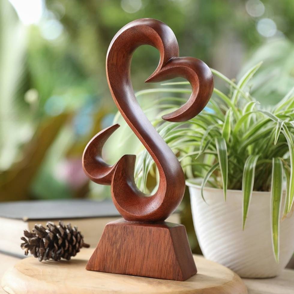 Abstract Heart-Shaped Suar Wood Sculpture in a Brown Hue 'Palatial Love'