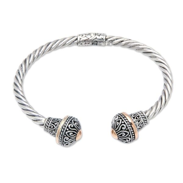 Alternate image for 18k Gold-Accented Silver Cuff Bracelet with Floral Details Victorious Kingdom
