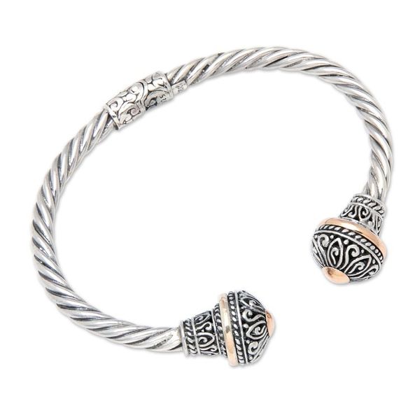 Alternate image for 18k Gold-Accented Silver Cuff Bracelet with Floral Details Victorious Kingdom