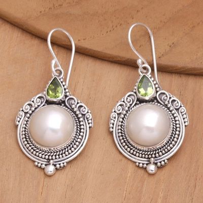 Alternate image for Cultured Pearl Dangle Earrings with Faceted Peridot Stones Underwater Forest