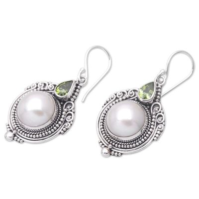 Alternate image for Cultured Pearl Dangle Earrings with Faceted Peridot Stones Underwater Forest