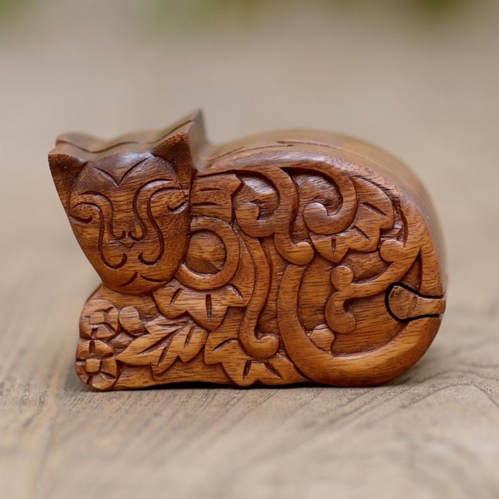 Hand Made Suar Wood Cat Puzzle Box 'Sleepy Cat'