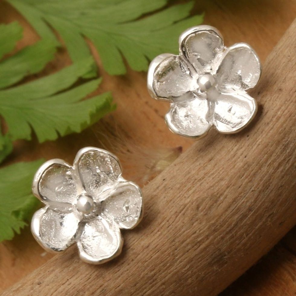 Balinese Handmade Sterling Silver Frangipani Stud Earrings 'Polar Frangipani'