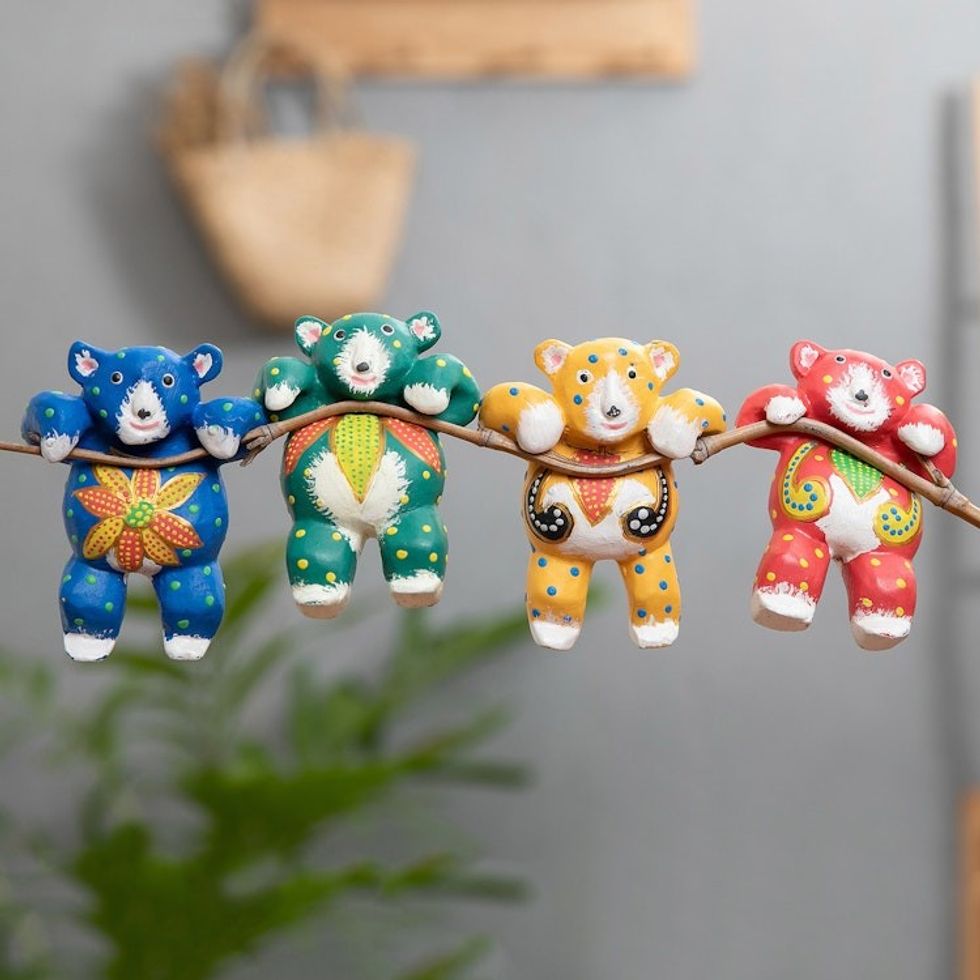 Set of 4 Hand-Painted Teddy Bear Albesia Wood Ornaments 'Lovely Bears'