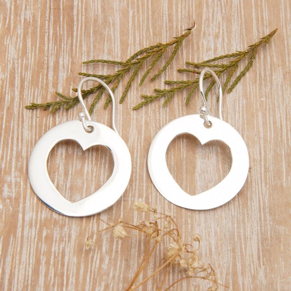 Polished Sterling Silver Heart Themed Dangle Earrings 'Open Heart'