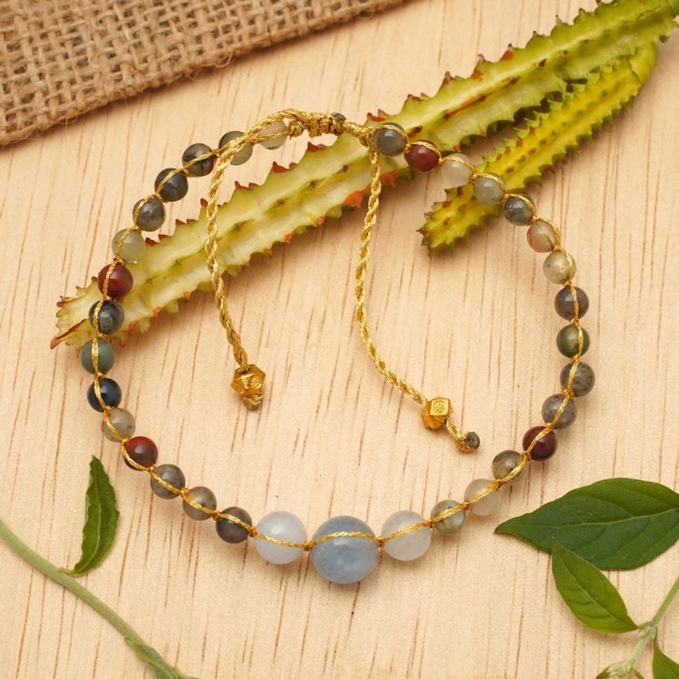 Bohemian Balinese Bloodstone and Aquamarine Beaded Bracelet 'Peaceful Fortune'