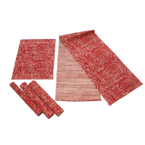 Alternate image for Set of 5 Leafy Red and Ivory Table Runner and Placemats Red Eden