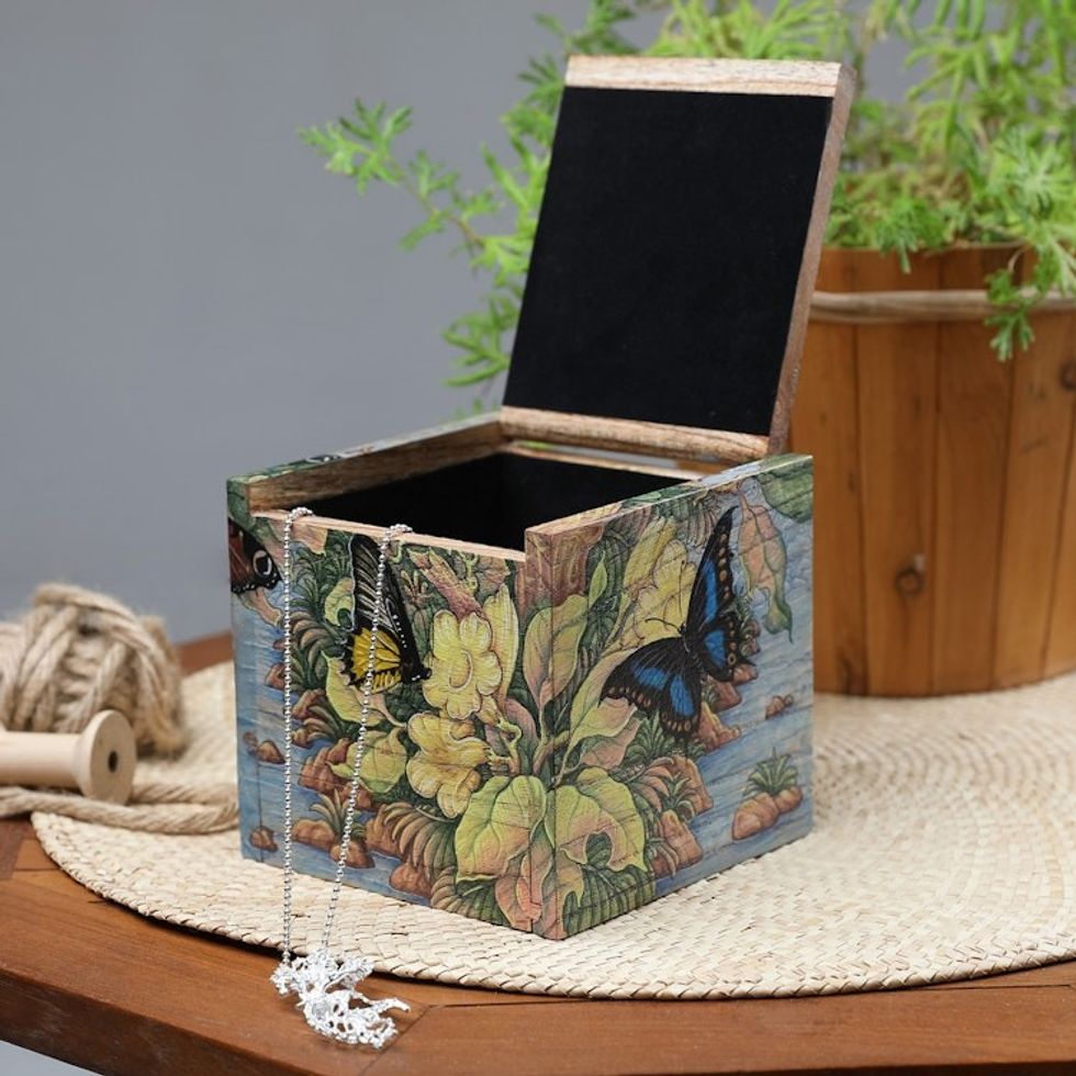 Butterfly Leaf Floral-Themed Hand-Painted Wood Jewelry Box 'Tropical Forest'