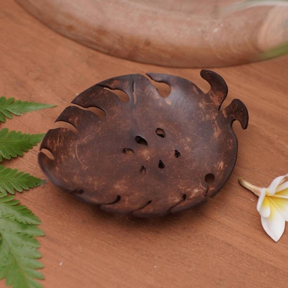 Handmade Tropical Leaf-Themed Coconut Soap Holder from Bali 'Little Monstera'