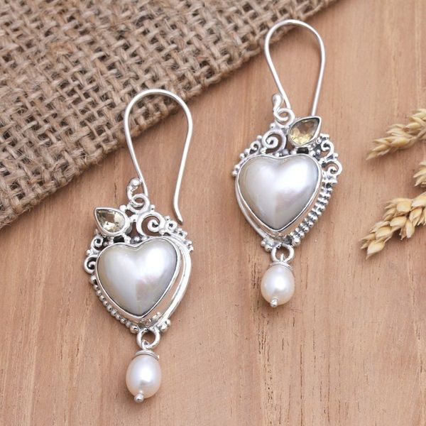 Alternate image for Cultured Mabe Pearl Dangle Earrings with Heart Motif Love from Above